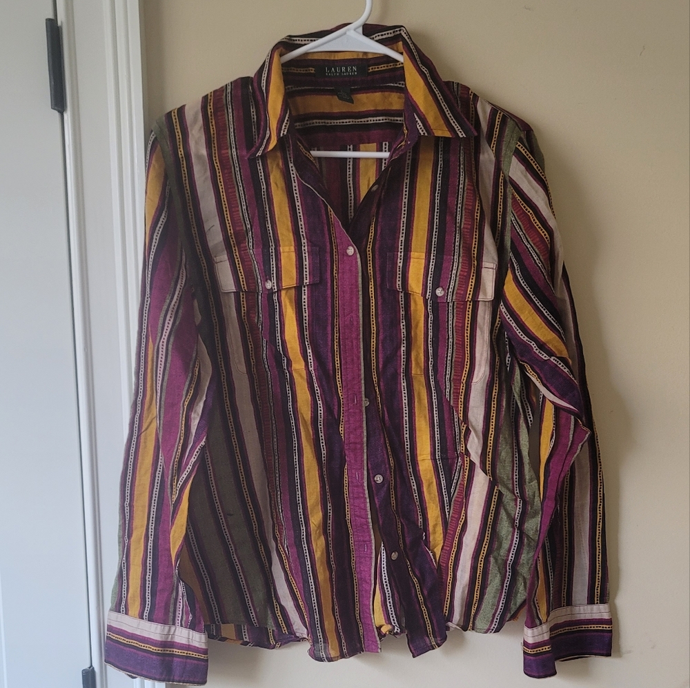 Ralph Lauren Purple Yellow Black Cotton Long Sleeve Button Shirt Top Blouse